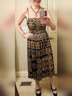 WHBM Black & Gold Strapless Midi Dress Size 2 | Convertible Straps, Ruched, Boho